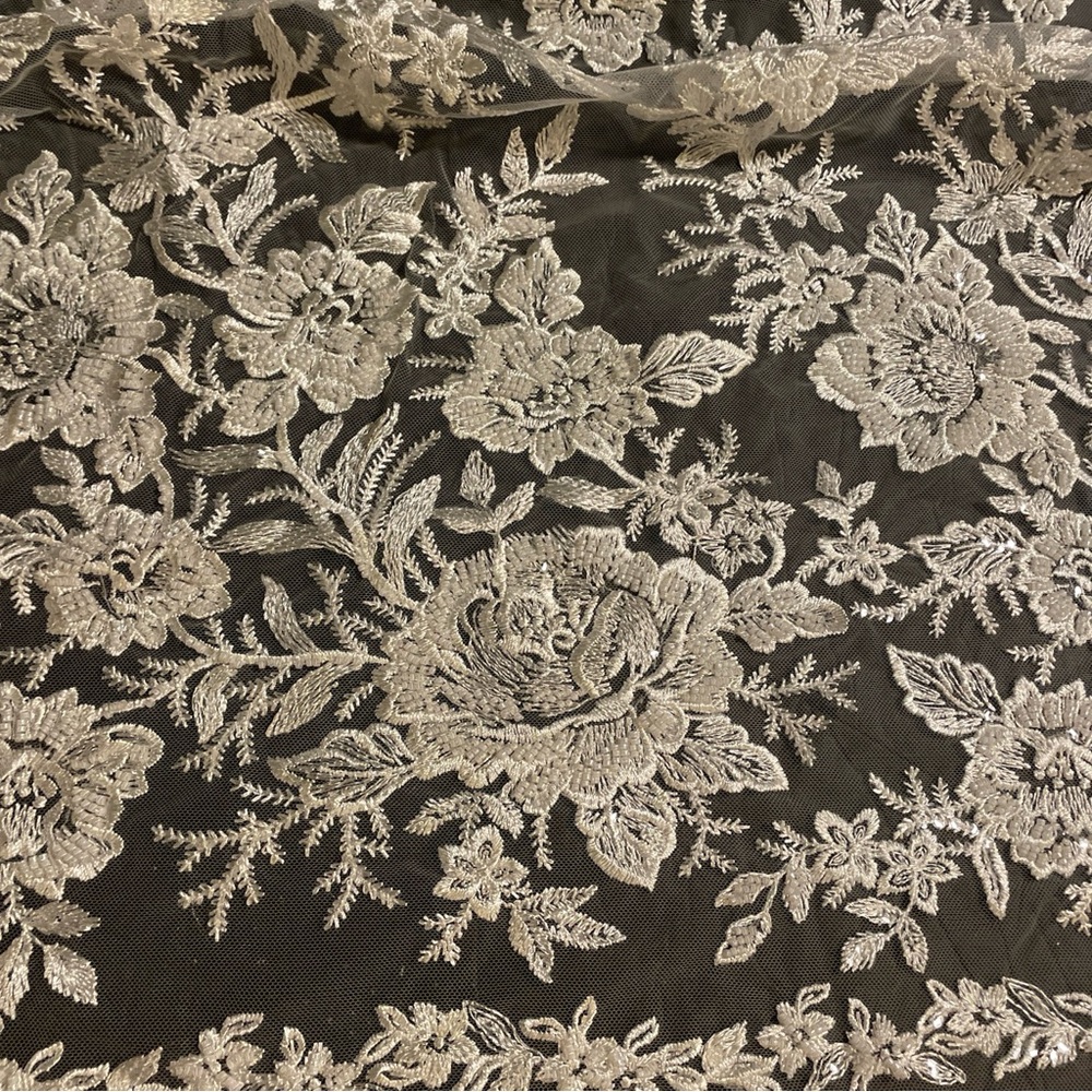 White Bridal Lace Embroidered / Embellish Flowers on Mesh Fabric 1 Yard By 57” W